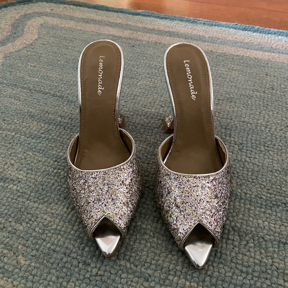 Silver Glitter Peep Toe Mule Heels